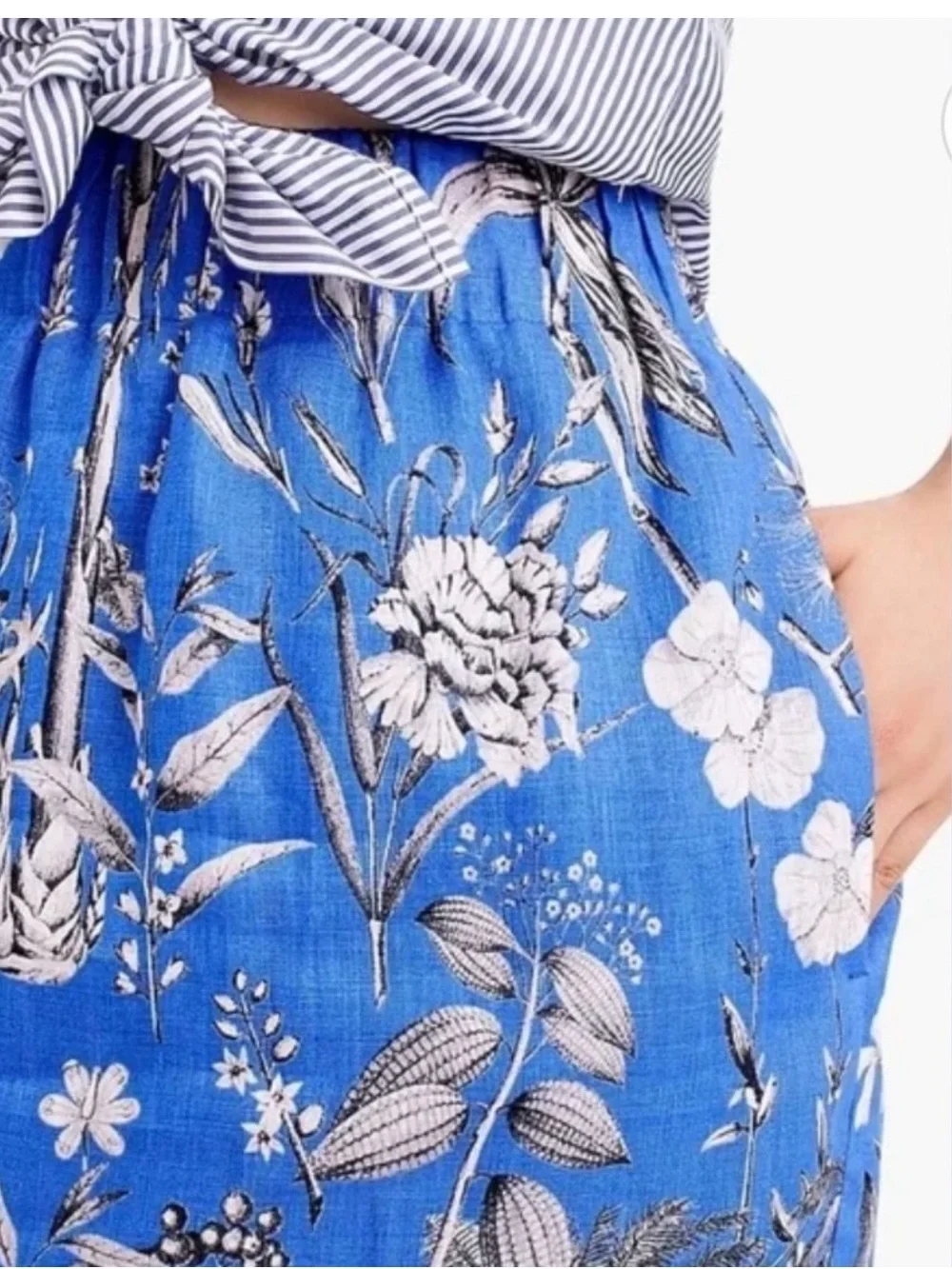 J. Crew 100% Linen Pull-on Skirt in blue Ratti Tropical Toile print sz XS